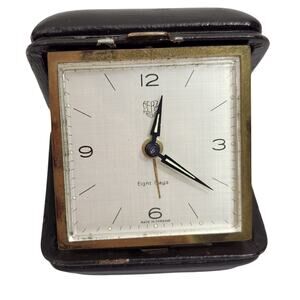 VTG ELGIN TRAVEL FOLDING ALARM CLOCK MID CENTURY WIND UP JAPAN WORKS LEATHER